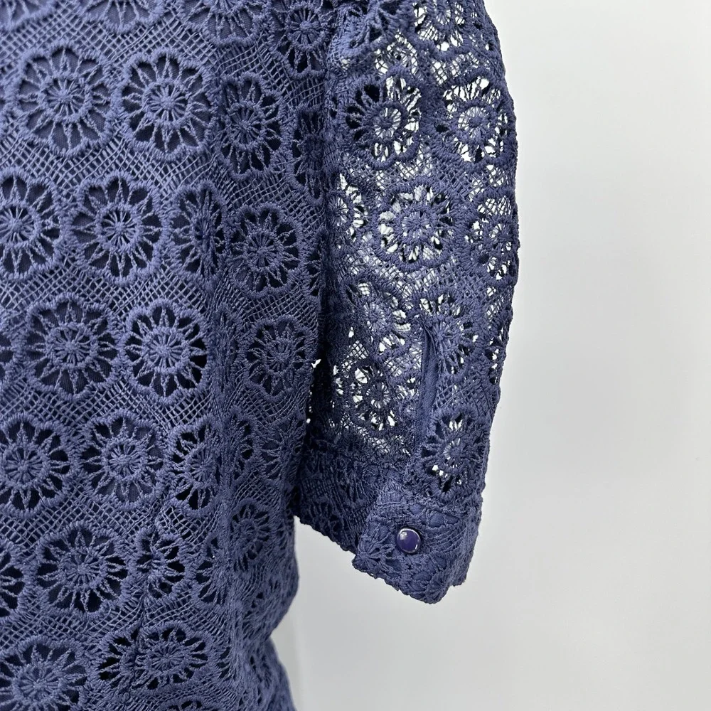 Aqua Navy Crochet Lace Matching Set Large Puff Sleeve Crop Top Belted Skirt 2 pc